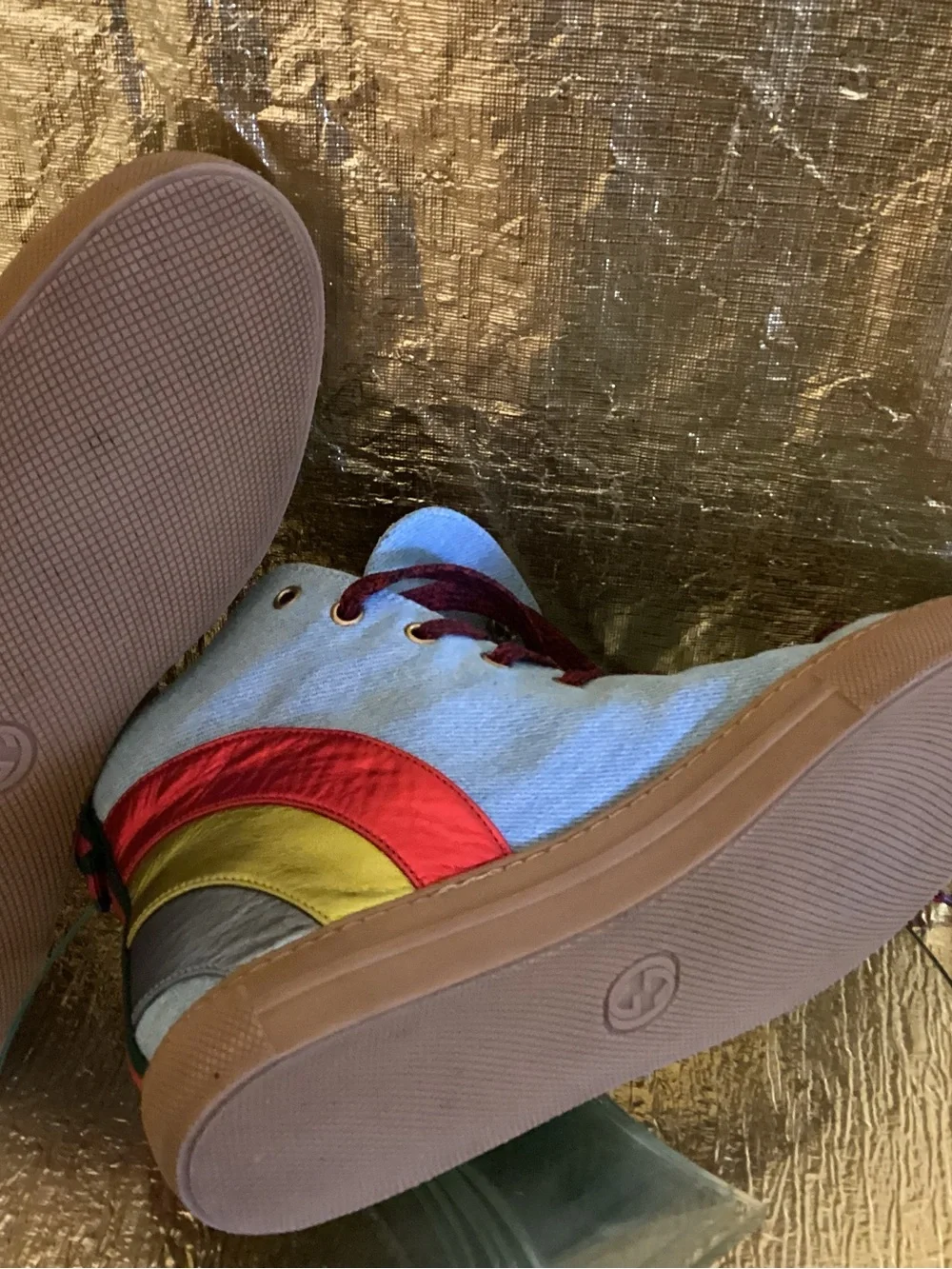 Gucci Light Blue Denim High-Top Sneakers with Red, Gold, Silver Accents